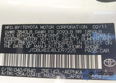 2011 Toyota Corolla Le from USA, damaged, VIN JTDBU4EE4BJ097225